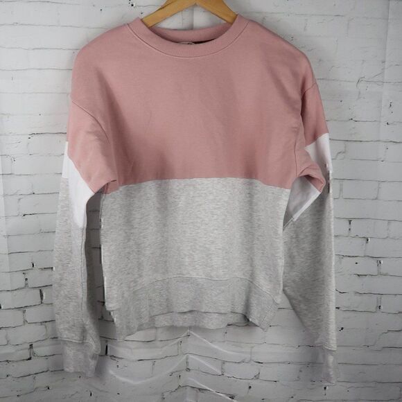 H&M PINK GREY & WHITE COLORBLOCK LONG SLEEVE CREW NECK CROP OVERSIZED SWEATSHIRT - Picture 1 of 5